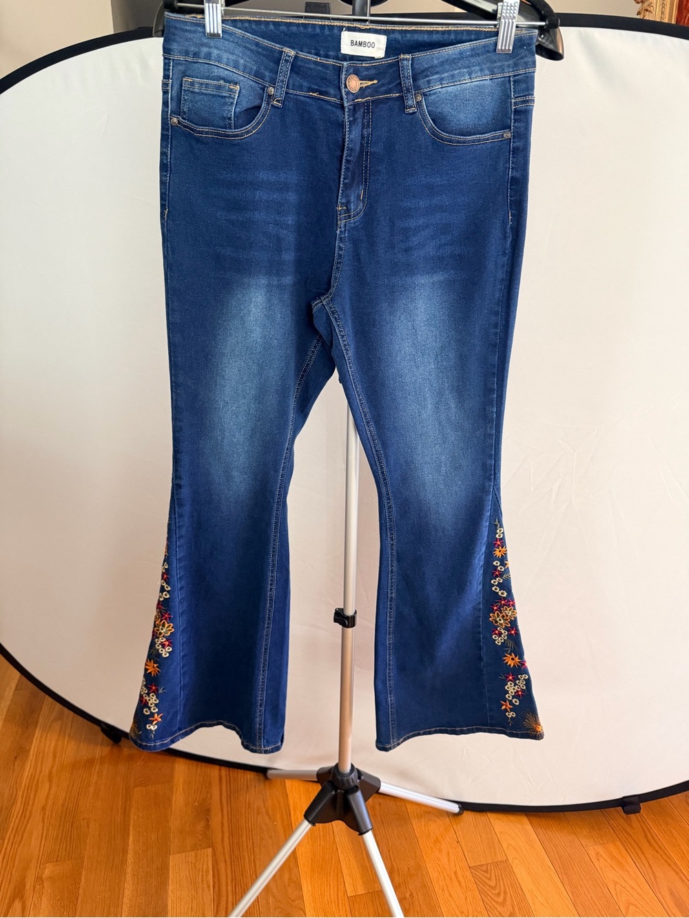 BAMBOO Dark Blue Embroidered Flare Jeans